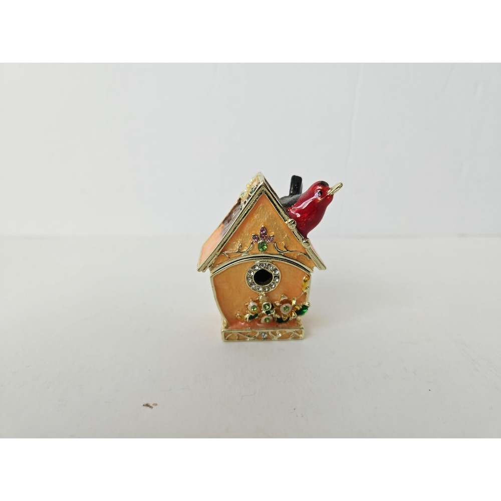Decorative Trinket Box rhinestone hinged birdhouse with red bird